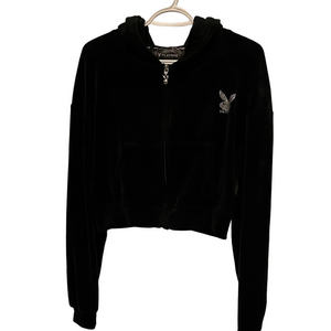 PLAYBOY Black Velour Cropped Full Zip Hoodie Size Large